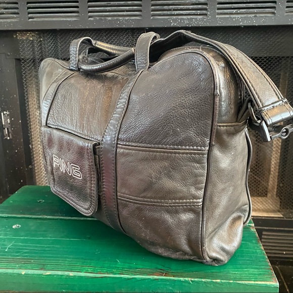 Ping Vintage Leather Duffle Bag Shoulder Golf Carry On Black 90s Weekender - Picture 3 of 12